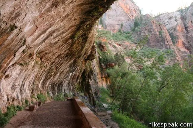 This 0.4-mile hike visits an alcove in the sandstone wall of Zion Canyon where water seeps out of the rock, nourishing hanging gardens and plentiful vegetation.
